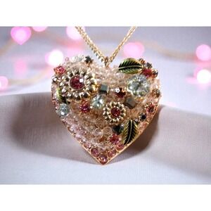 Betsy Johnson Vintage Floral Heart Pendant Necklace-Sparkling Crystal & Enamel
